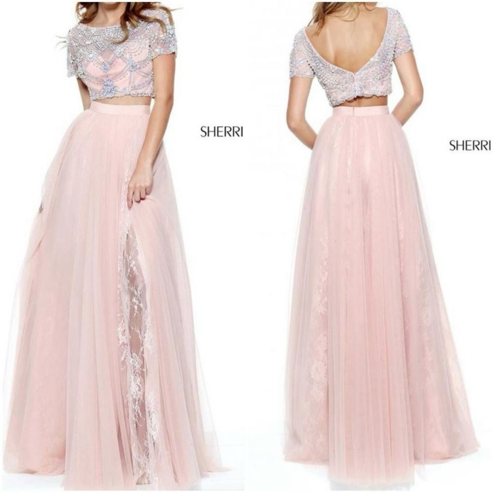 Sherri Hill 50857 Blush Pink Jeweled Two Piece Prom Dress Sz 6 Tulle Maxi Skirt